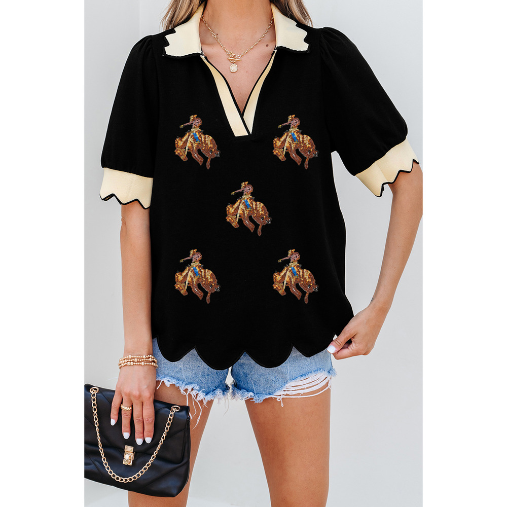 Black Contrast Scalloped Collar Cuffs Rodeo Patched Graphic Short Sleeve Top